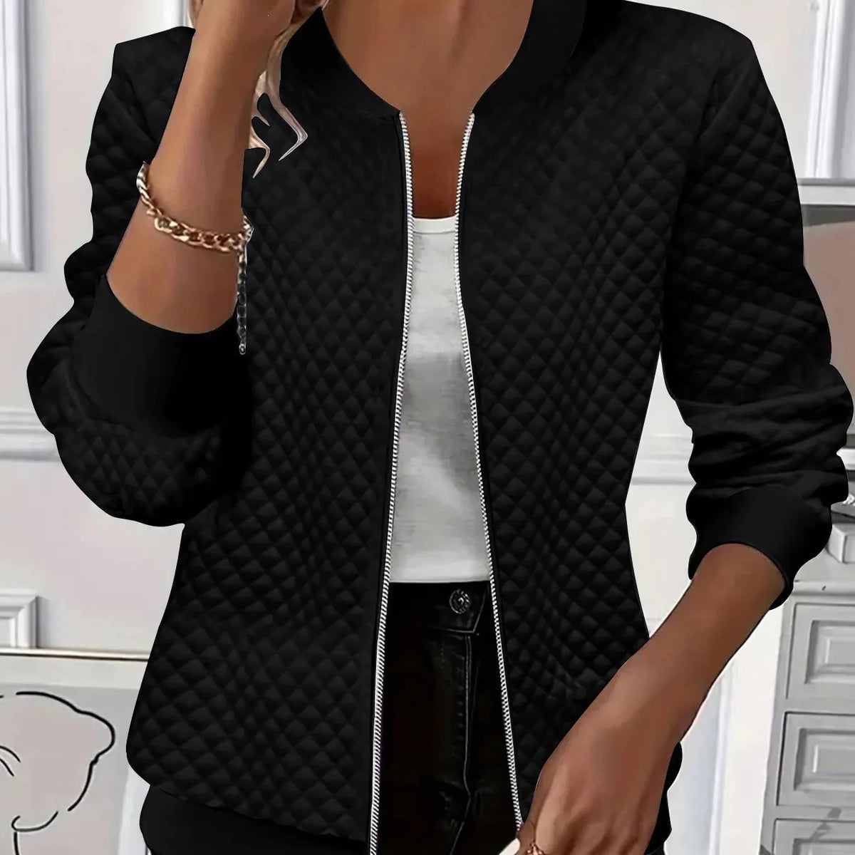 Women's Quilted Jacket | Diamond Stitch Zip Front