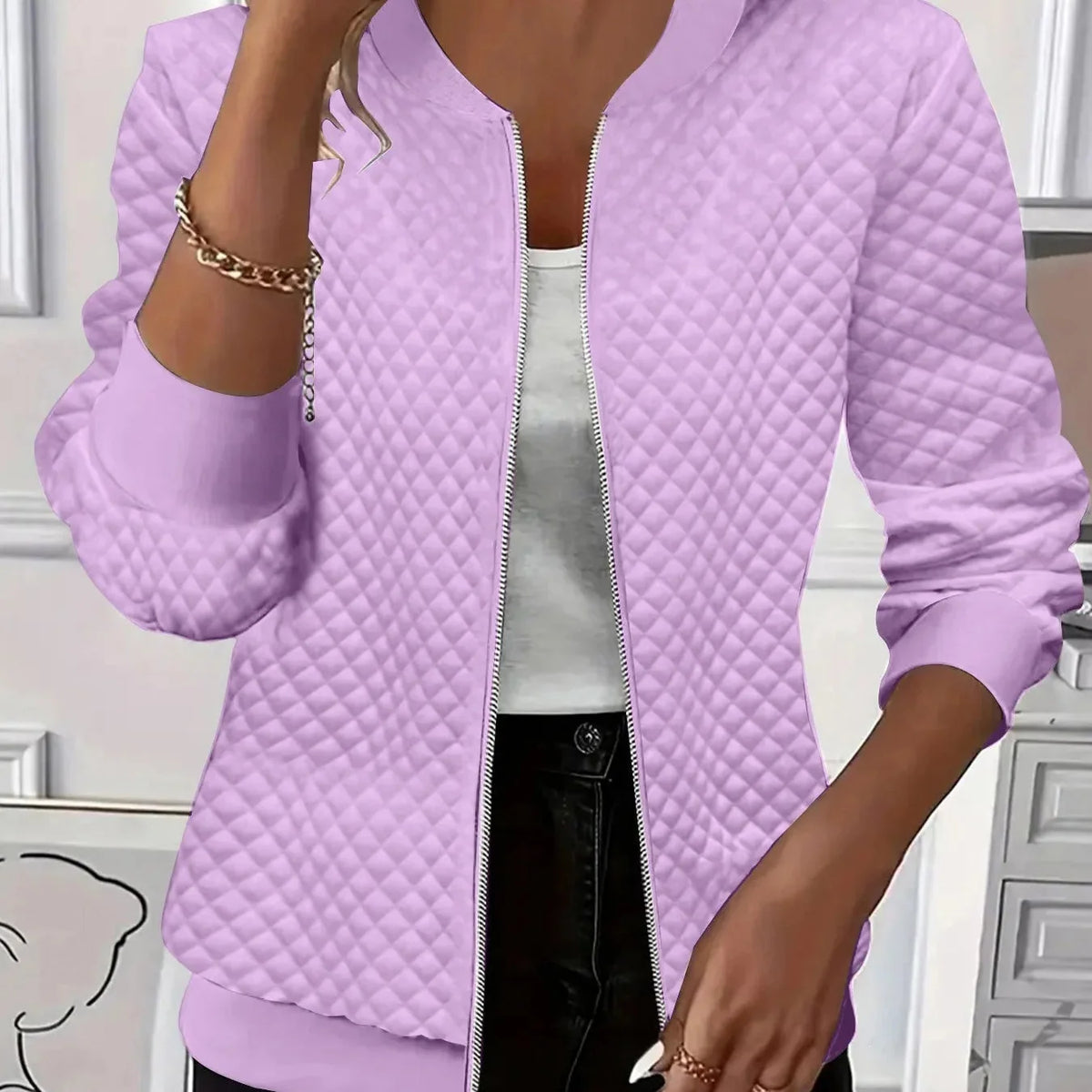 Women's Quilted Jacket | Diamond Stitch Zip Front