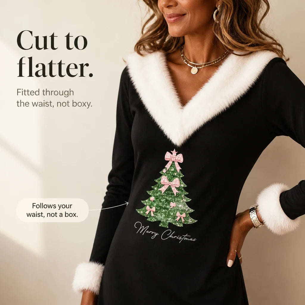 Women's Christmas Dress | Tree Print Faux Fur Collar
