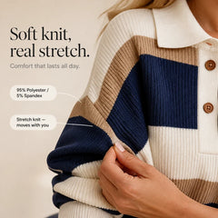 Women's Sweater Dress | Striped Knit Polo Collar Midi
