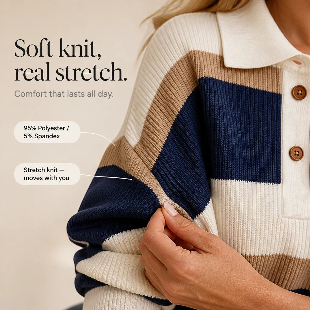 Women's Sweater Dress | Striped Knit Polo Collar Midi