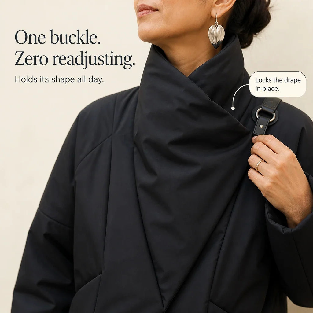 Women's Puffer Jacket | Asymmetric Draped Neck Quilted