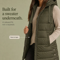 Women's Puffer Vest | Long Hooded Quilted Sleeveless