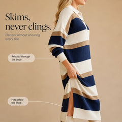 Women's Sweater Dress | Striped Knit Polo Collar Midi