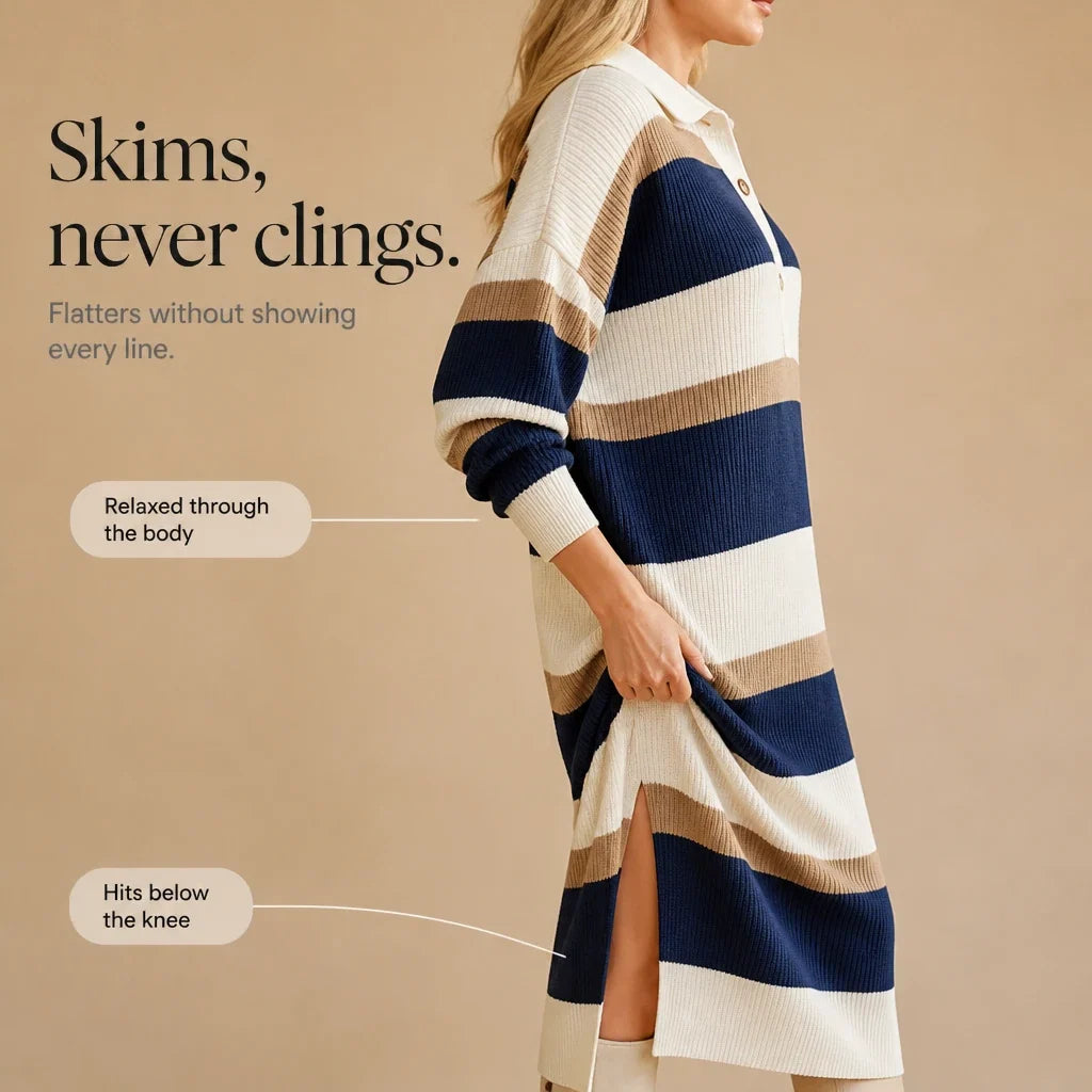 Women's Sweater Dress | Striped Knit Polo Collar Midi