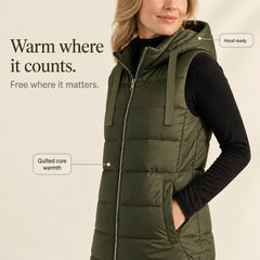Women's Puffer Vest | Long Hooded Quilted Sleeveless