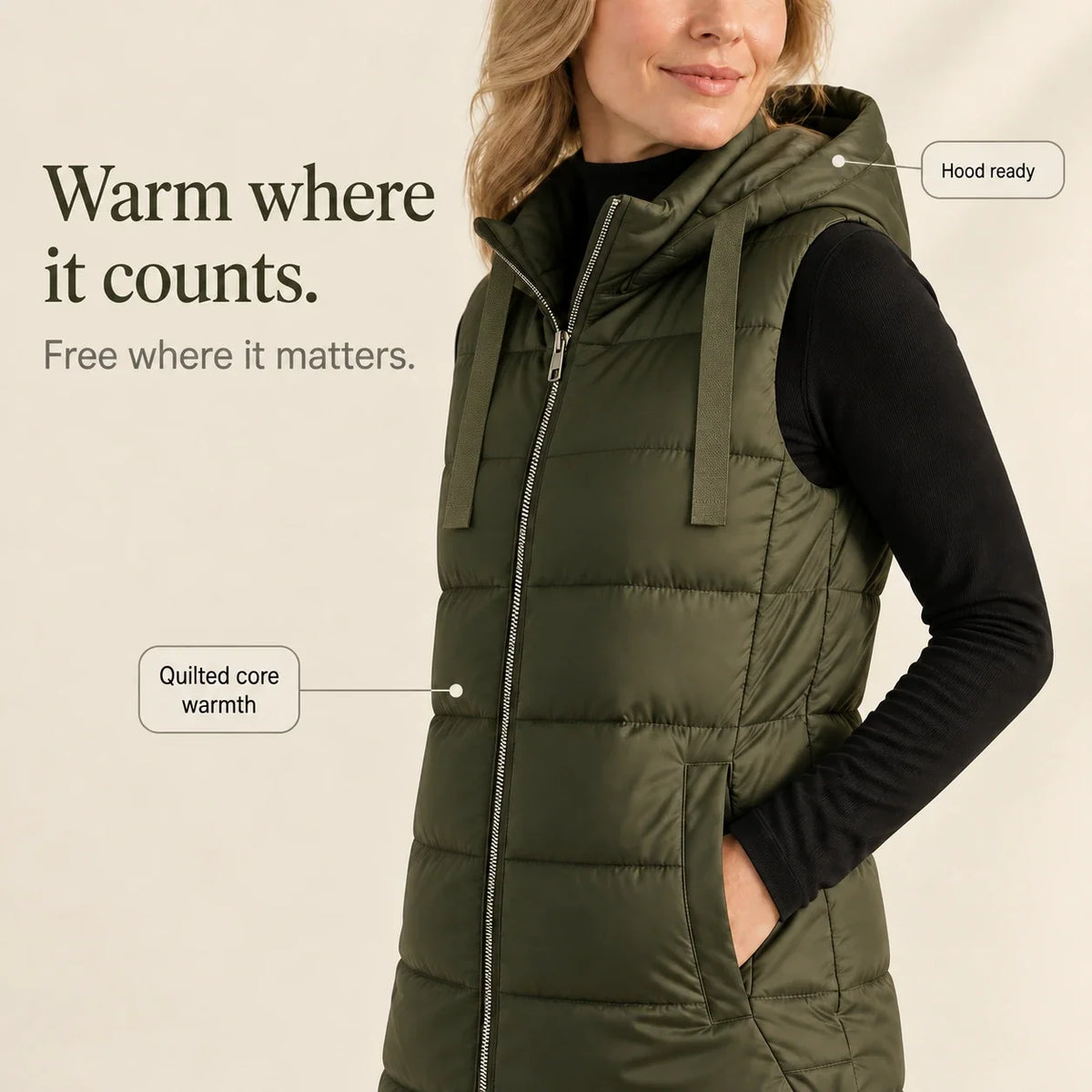 Women's Puffer Vest | Long Hooded Quilted Sleeveless