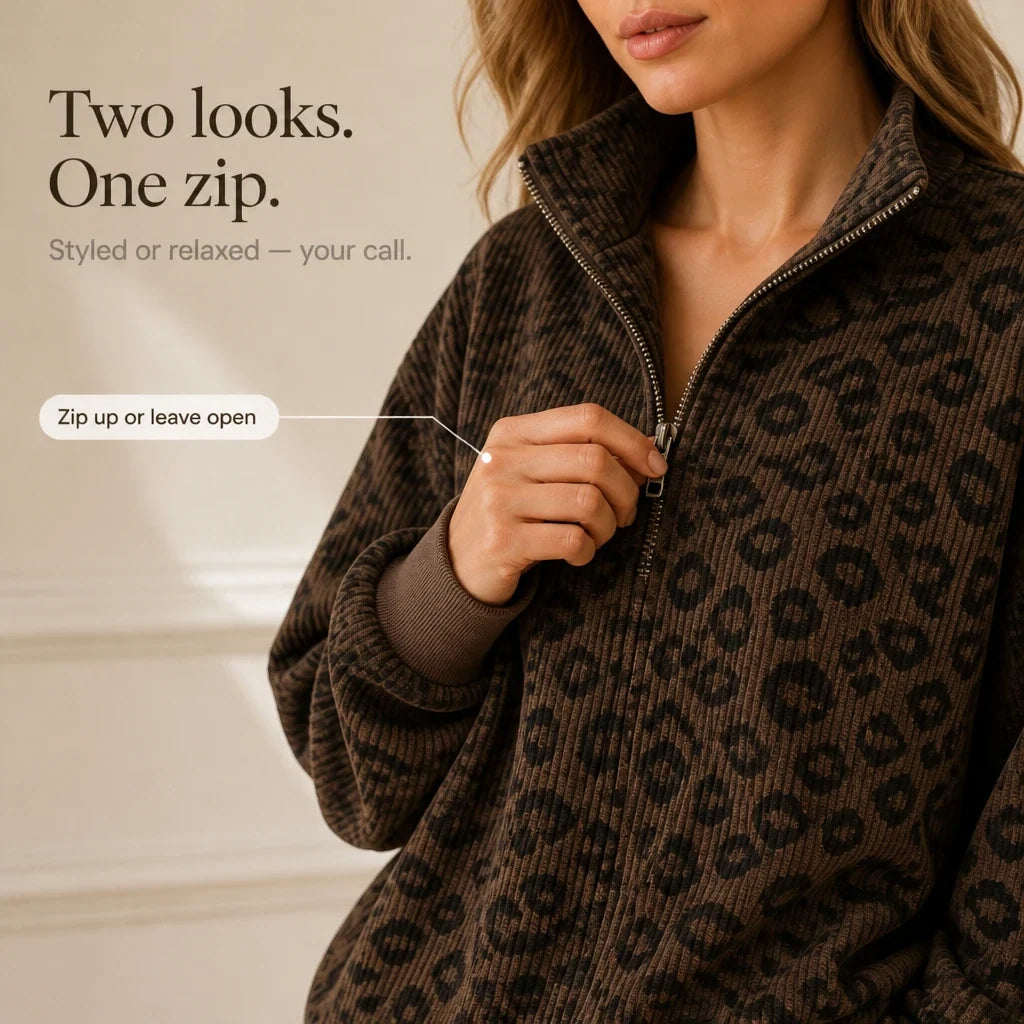 Women's Sweatshirt | Leopard Print Oversized Quarter Zip