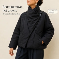 Women's Puffer Jacket | Asymmetric Draped Neck Quilted