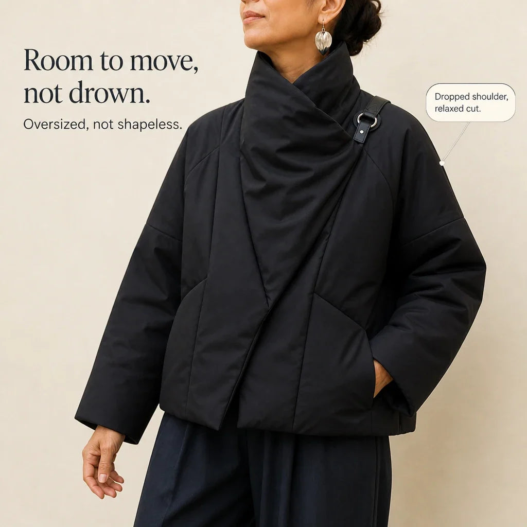Women's Puffer Jacket | Asymmetric Draped Neck Quilted