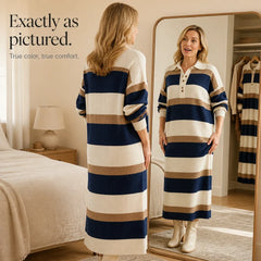 Women's Sweater Dress | Striped Knit Polo Collar Midi