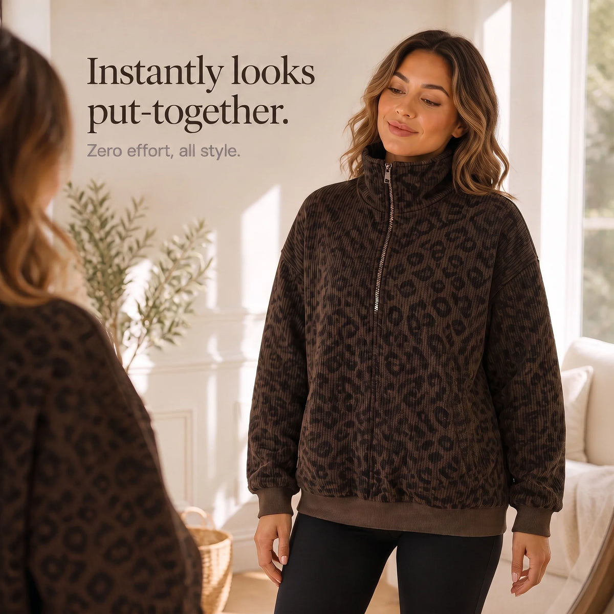 Women's Sweatshirt | Leopard Print Oversized Quarter Zip