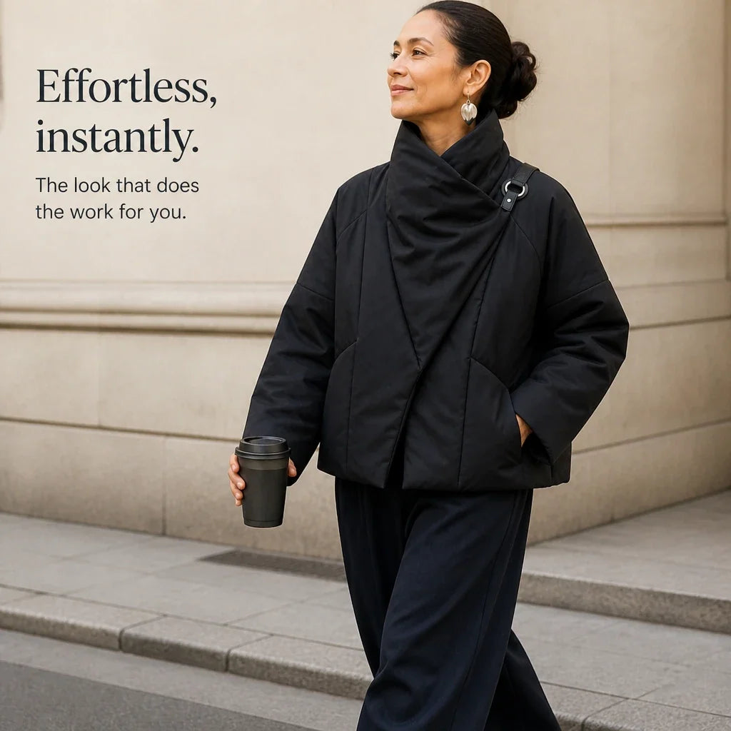Women's Puffer Jacket | Asymmetric Draped Neck Quilted