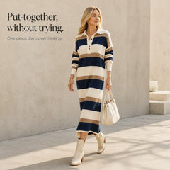 Women's Sweater Dress | Striped Knit Polo Collar Midi