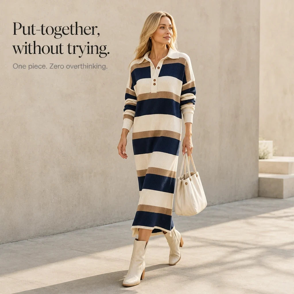 Women's Sweater Dress | Striped Knit Polo Collar Midi