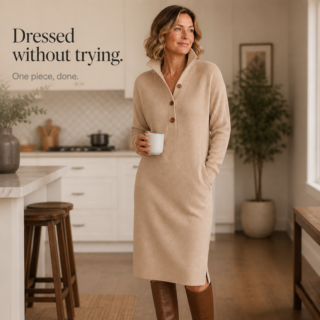 Women's Sweater Dress | Ribbed Lapel Collar