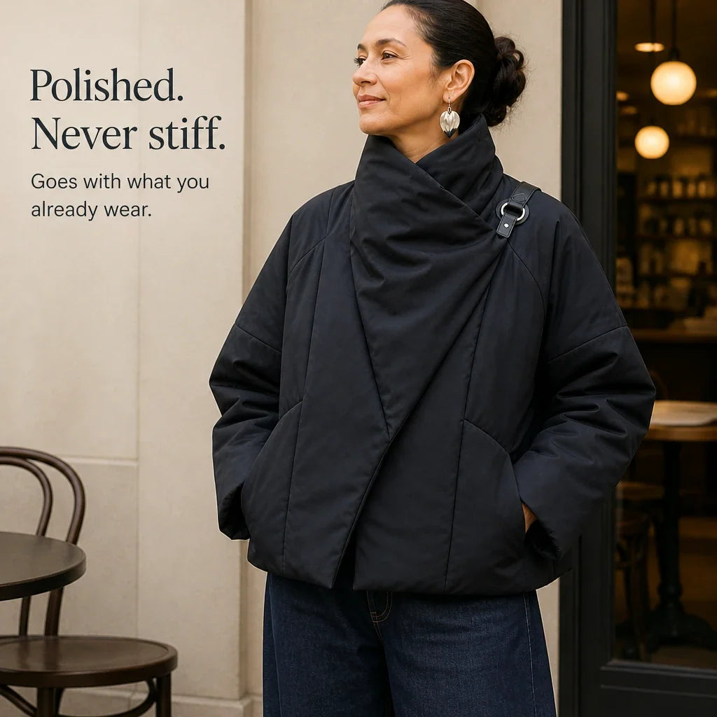 Women's Puffer Jacket | Asymmetric Draped Neck Quilted