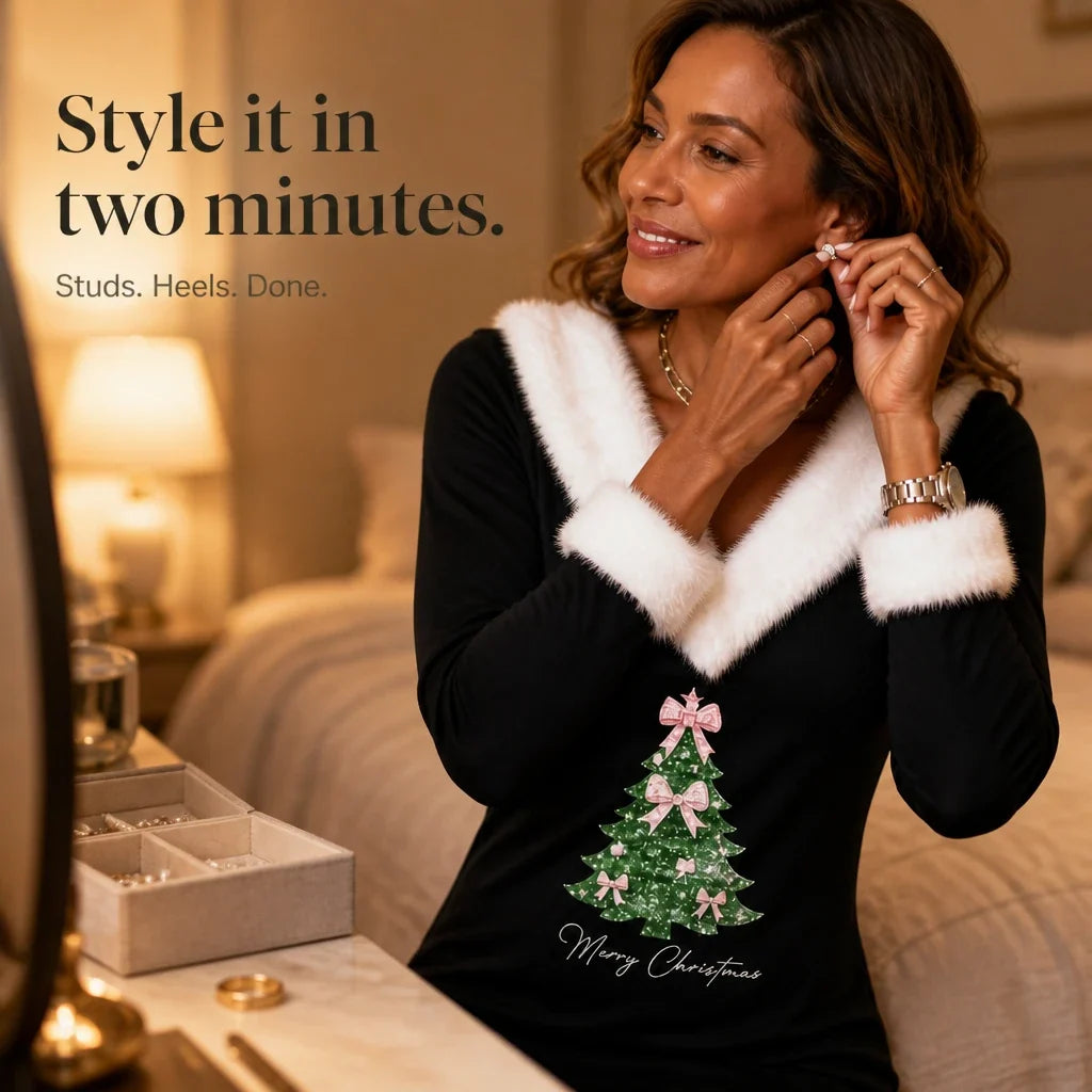 Women's Christmas Dress | Tree Print Faux Fur Collar