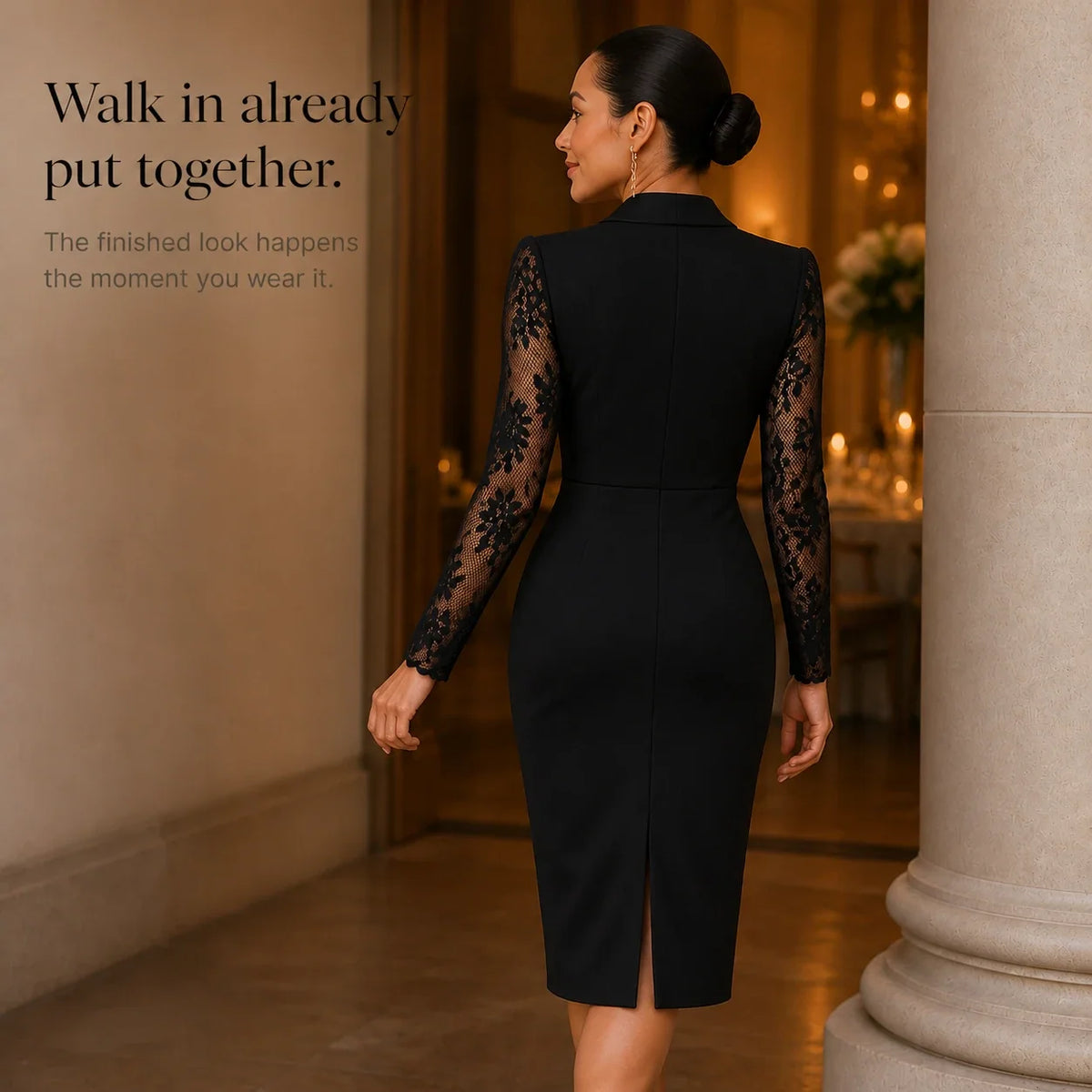 Women's Formal Dress | Lace Sleeve Wrap Asymmetric Hem