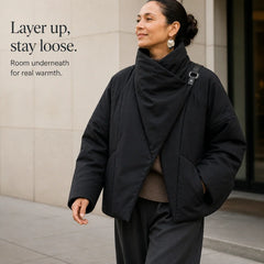 Women's Puffer Jacket | Asymmetric Draped Neck Quilted