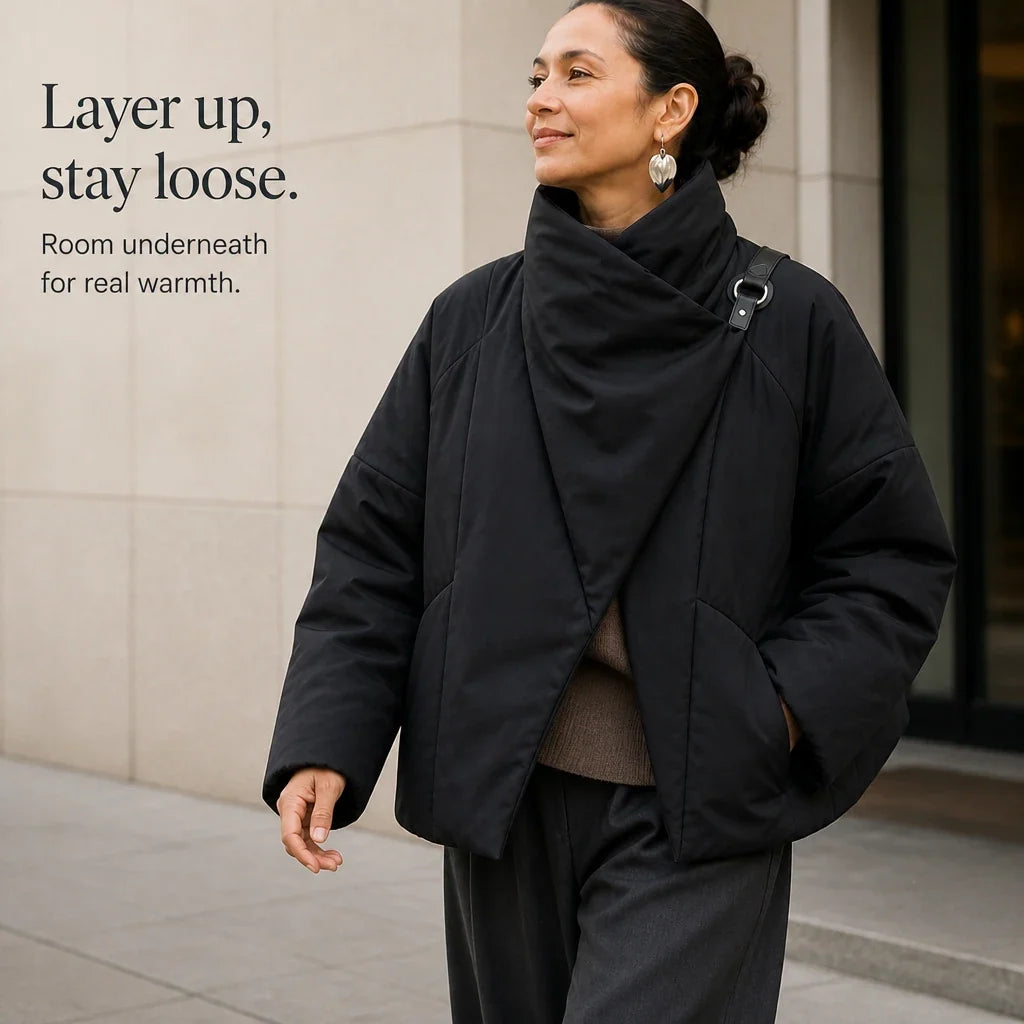 Women's Puffer Jacket | Asymmetric Draped Neck Quilted