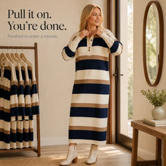 Women's Sweater Dress | Striped Knit Polo Collar Midi