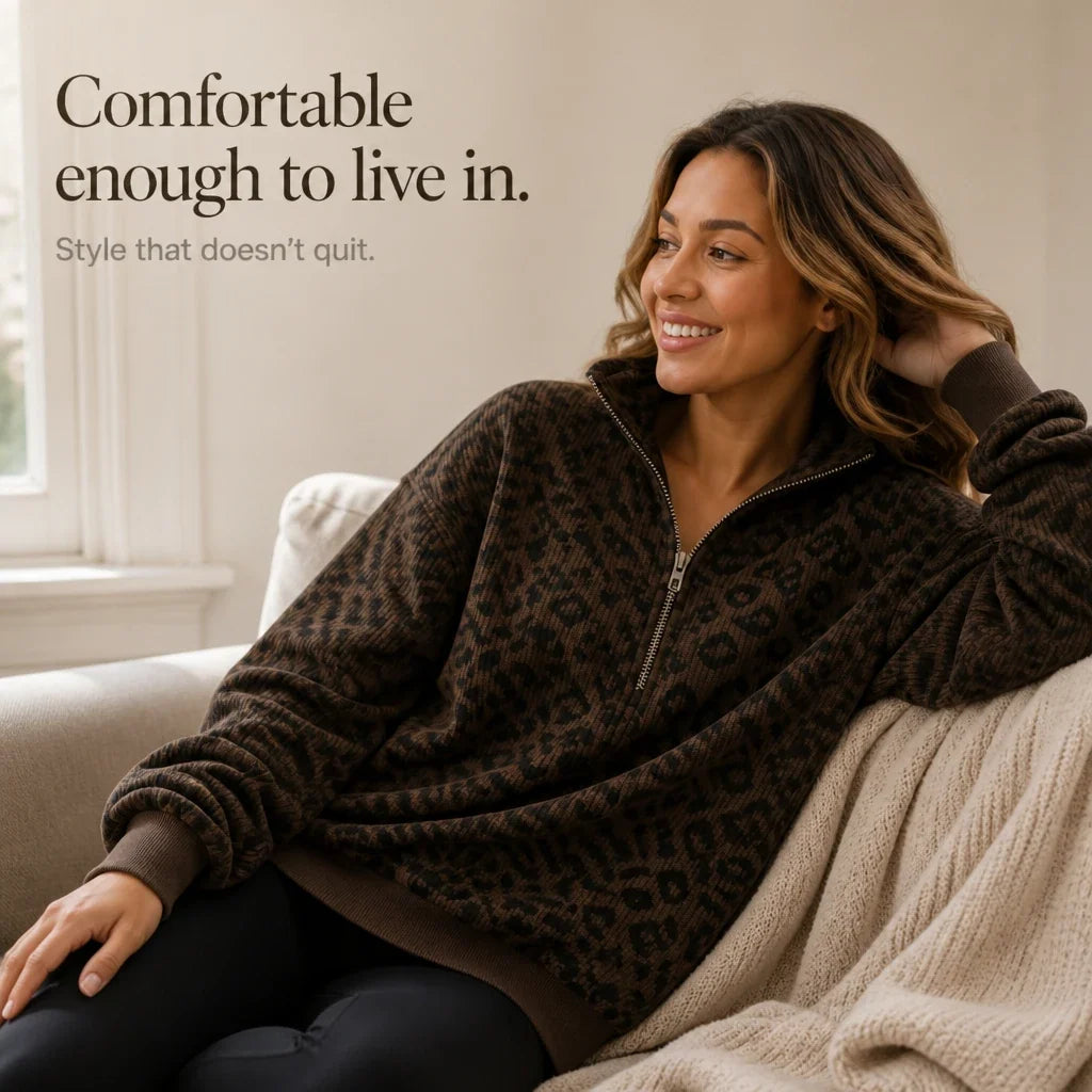 Women's Sweatshirt | Leopard Print Oversized Quarter Zip