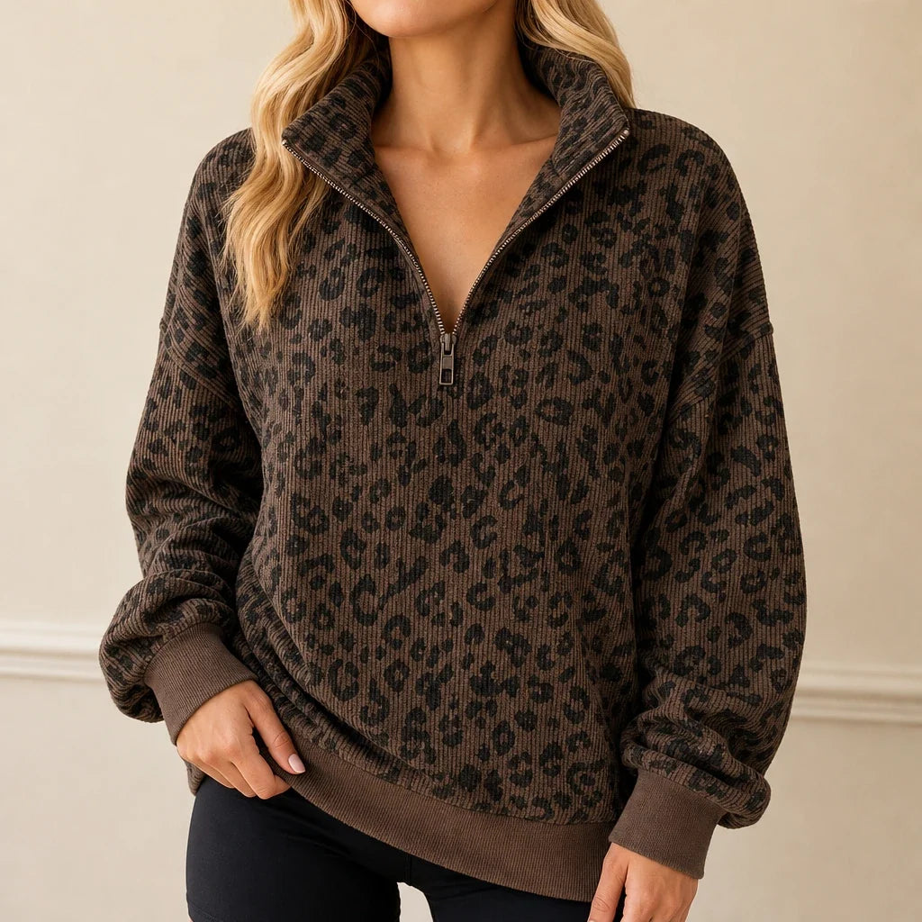 Women's Sweatshirt | Leopard Print Oversized Quarter Zip