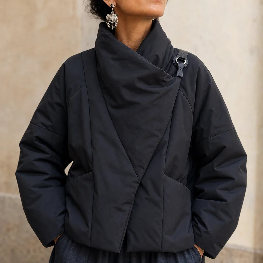 Women's Puffer Jacket | Asymmetric Draped Neck Quilted
