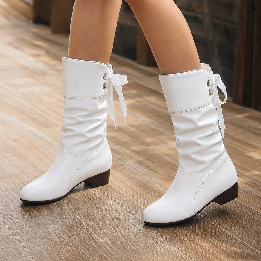 Boots For Women | Ruched Mid Calf Ribbon Detail