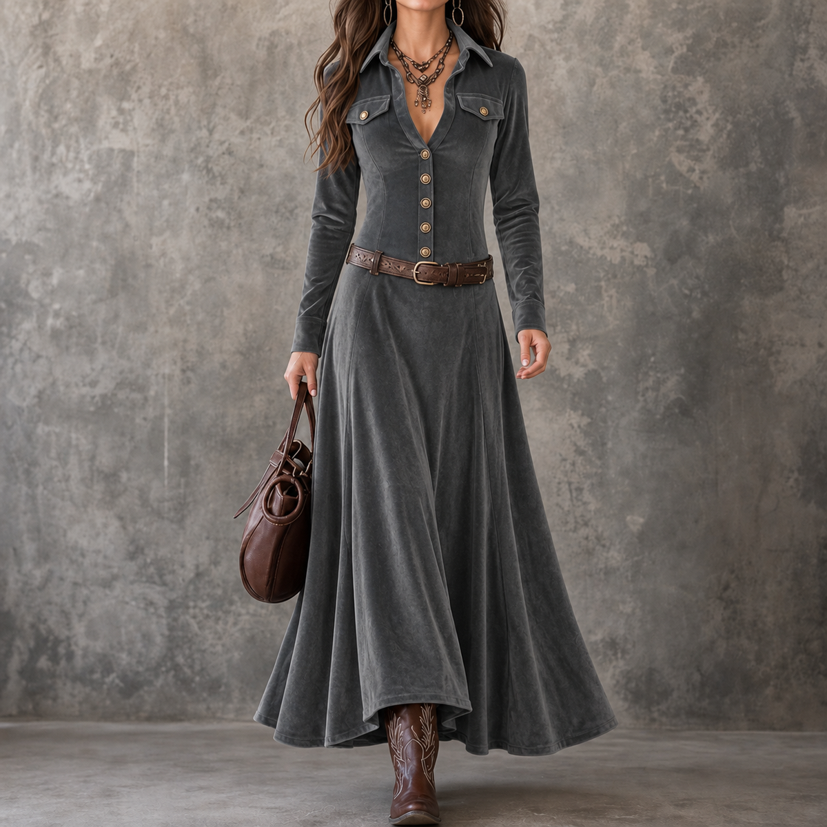 Women's Velvet Dress | Button Front A Line Maxi