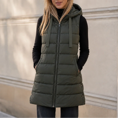 Women's Puffer Vest | Long Hooded Quilted Sleeveless