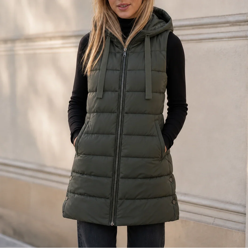 Women's Puffer Vest | Long Hooded Quilted Sleeveless