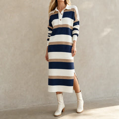 Women's Sweater Dress | Striped Knit Polo Collar Midi