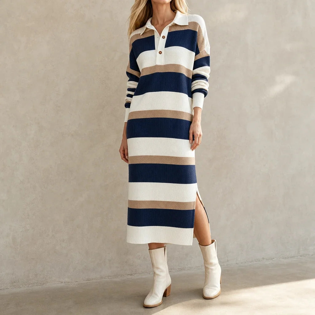 Women's Sweater Dress | Striped Knit Polo Collar Midi