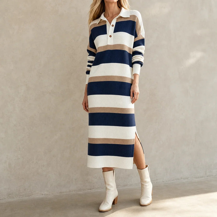 Women's Sweater Dress | Striped Knit Polo Collar Midi