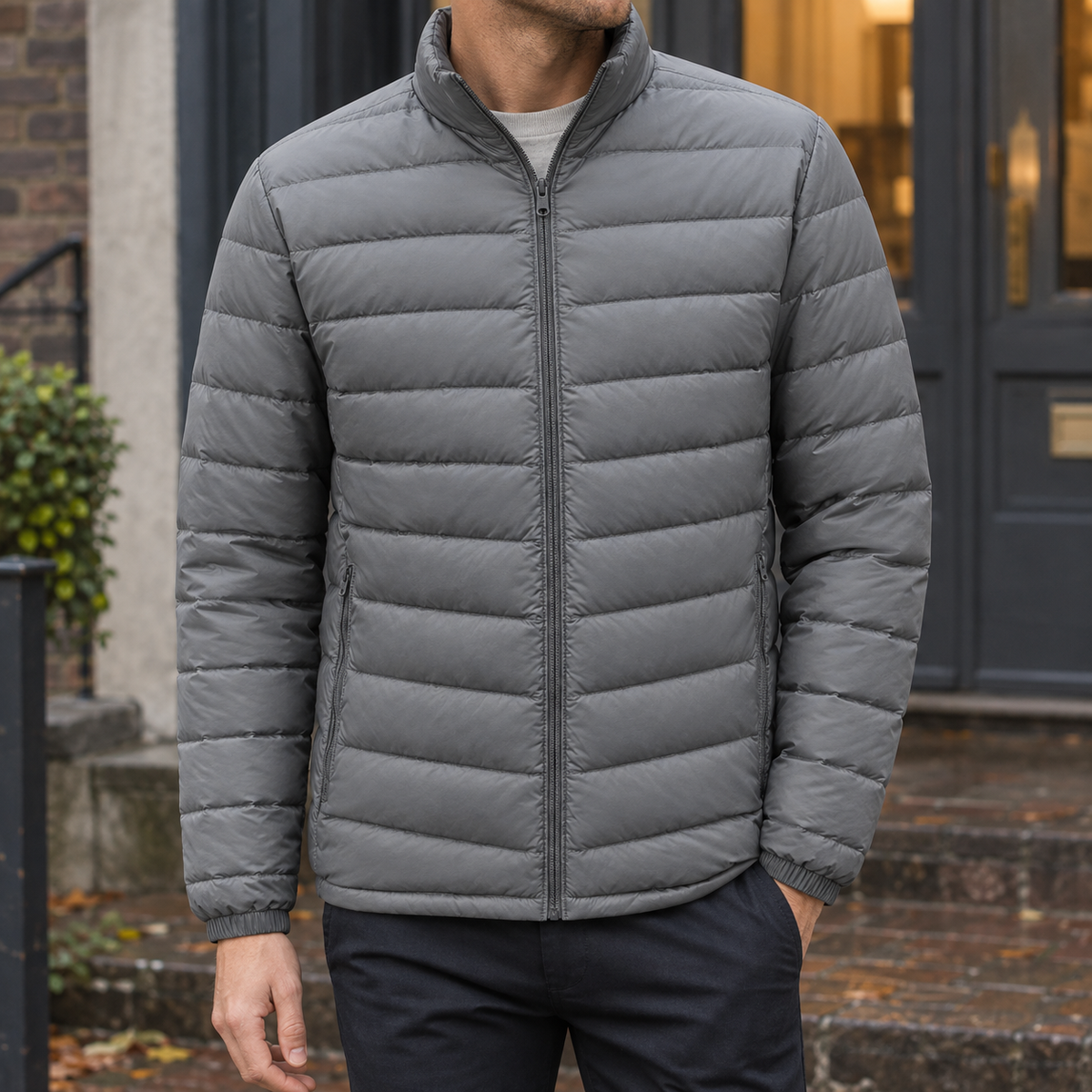 Men's Puffer Jacket | Quilted Zip Front Stand Collar