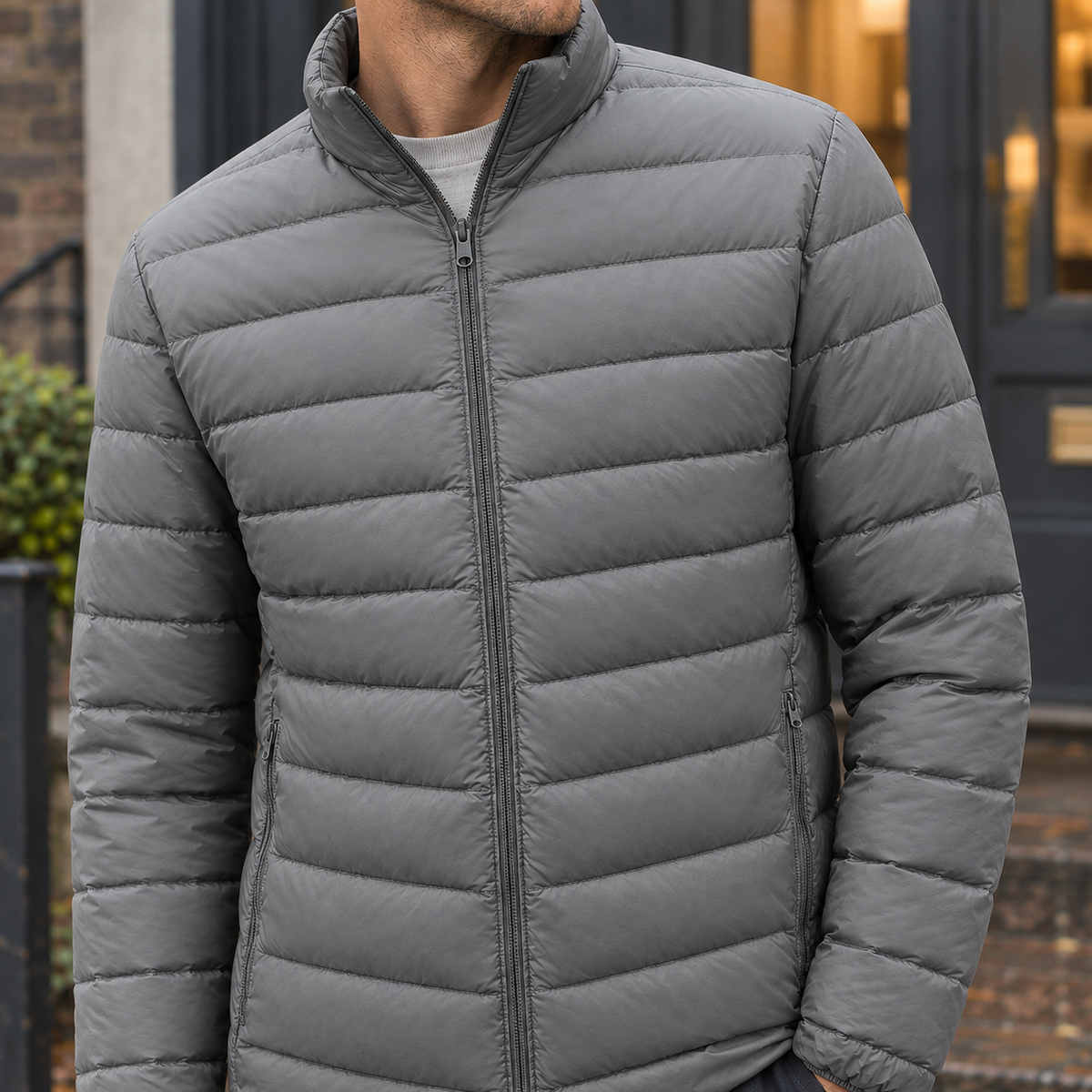 Men's Puffer Jacket | Quilted Zip Front Stand Collar