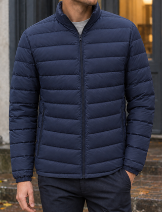 Men's Puffer Jacket | Quilted Zip Front Stand Collar