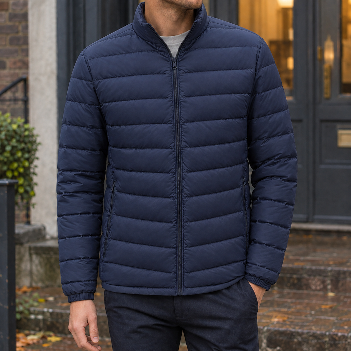 Men's Puffer Jacket | Quilted Zip Front Stand Collar