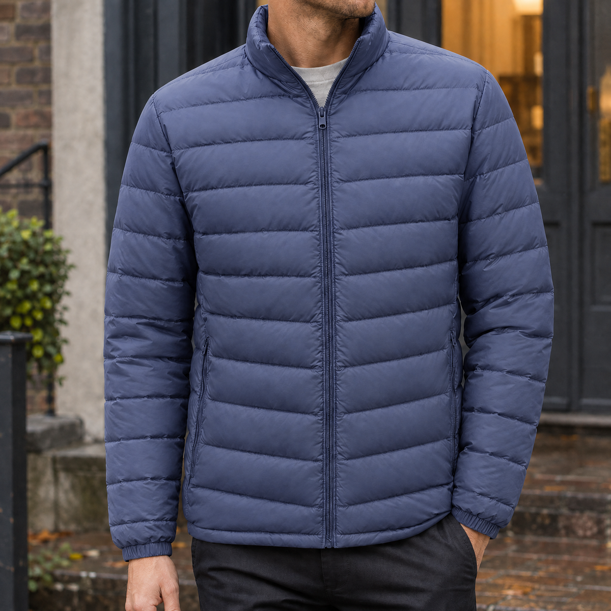 Men's Puffer Jacket | Quilted Zip Front Stand Collar
