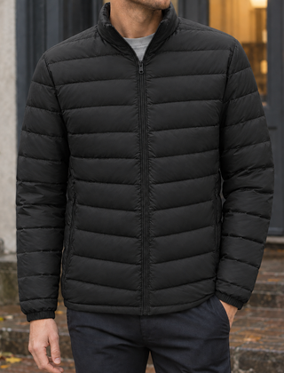 Men's Puffer Jacket | Quilted Zip Front Stand Collar