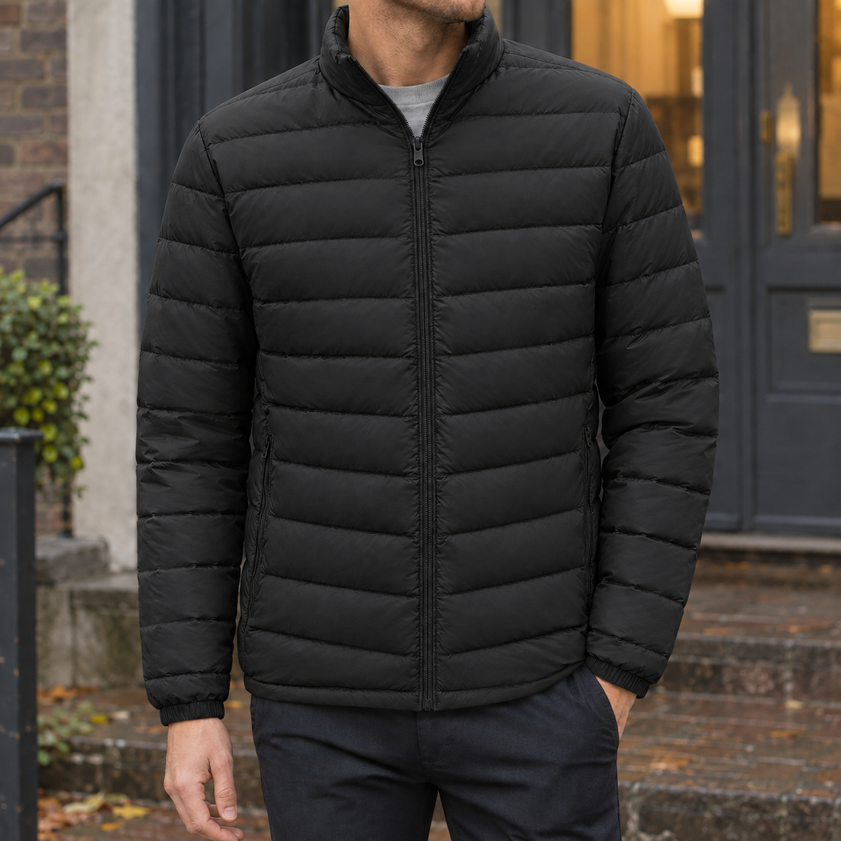 Men's Puffer Jacket | Quilted Zip Front Stand Collar