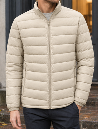 Men's Puffer Jacket | Quilted Zip Front Stand Collar