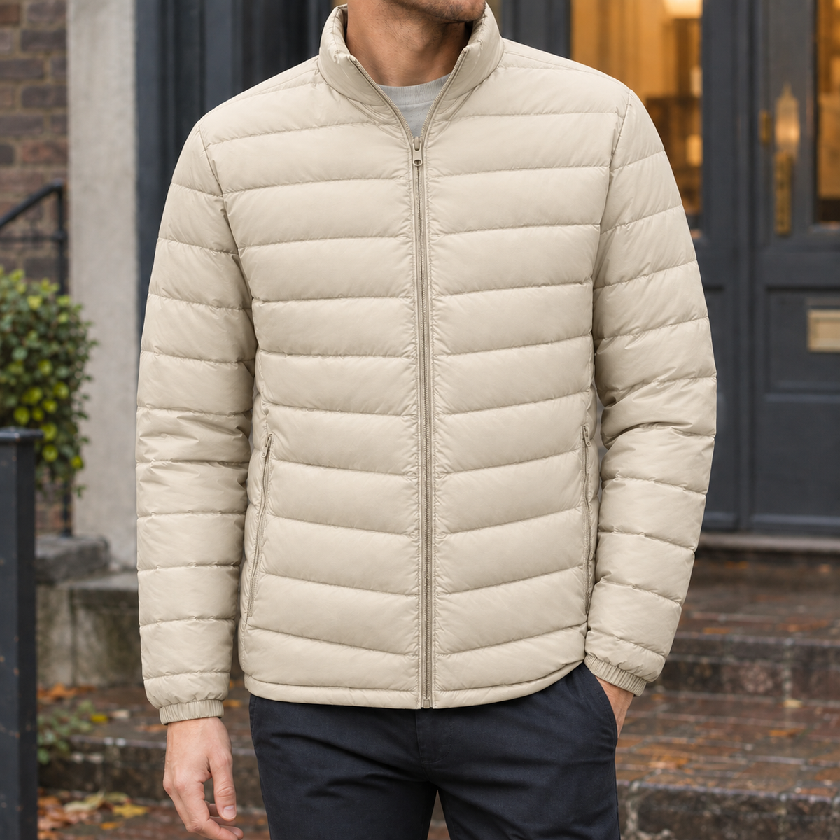 Men's Puffer Jacket | Quilted Zip Front Stand Collar