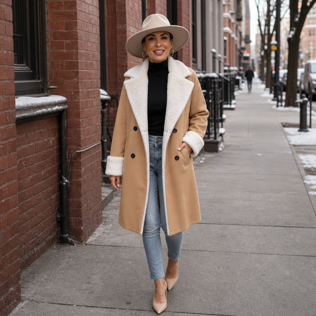 Women's Wool Coat | Plush Trim Button Front