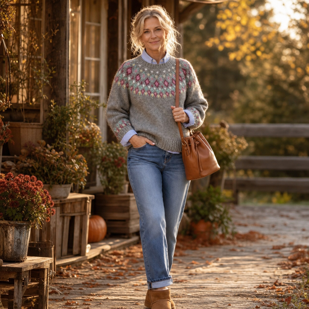Women's Sweater | Fair Isle Yoke Crew Neck Pullover