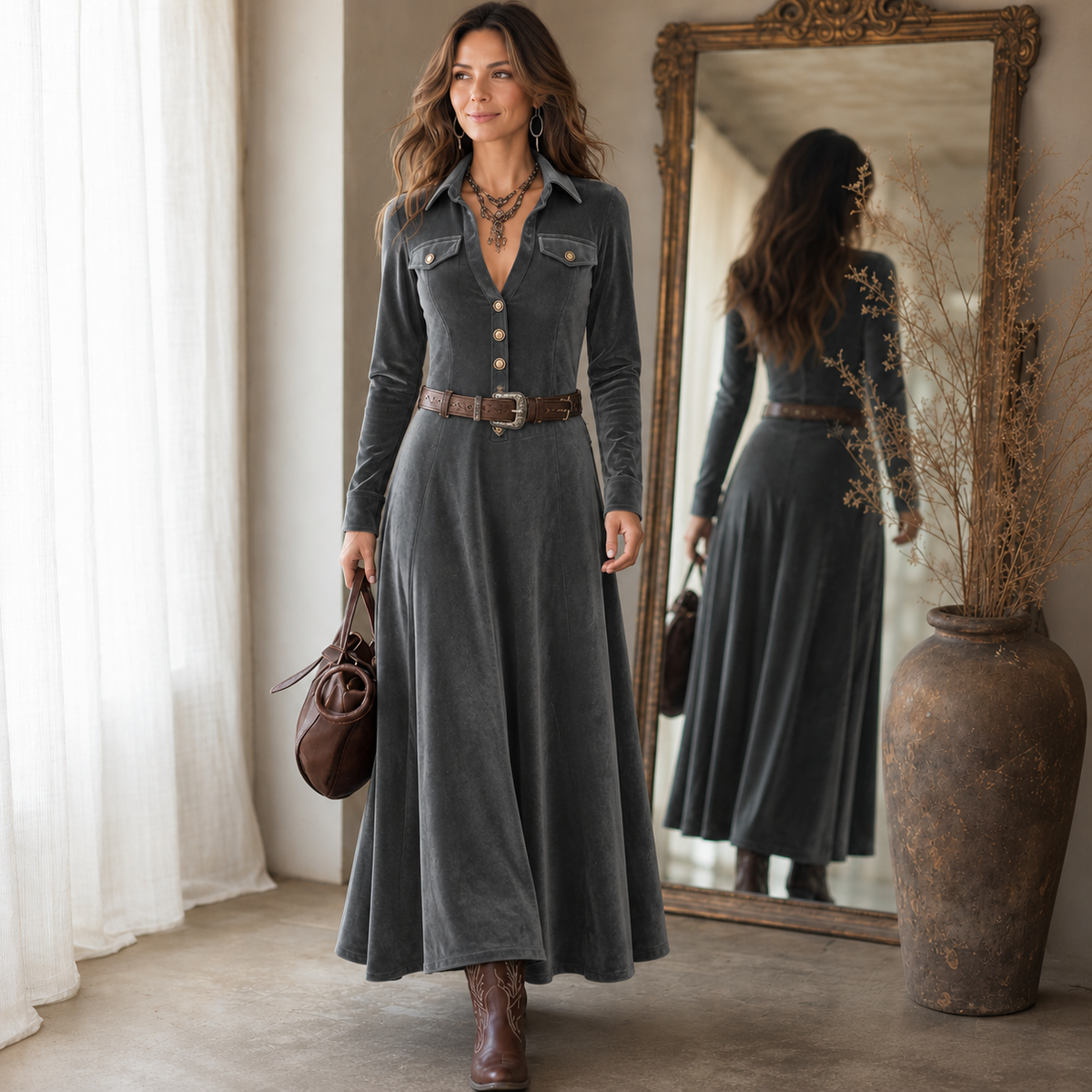 Women's Velvet Dress | Button Front A Line Maxi