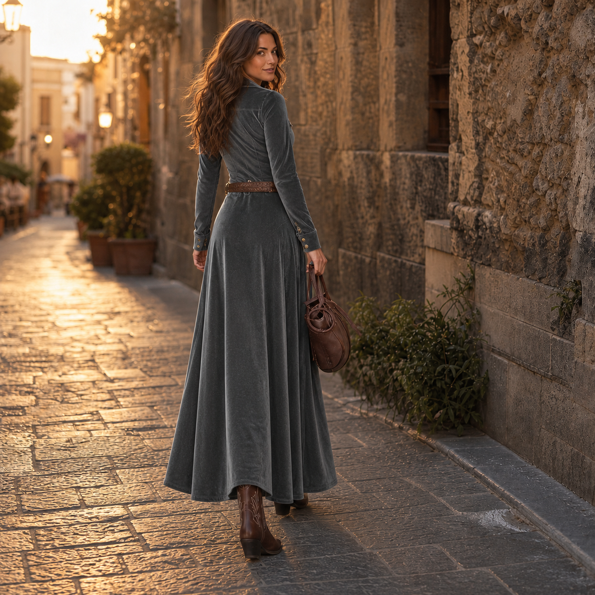 Women's Velvet Dress | Button Front A Line Maxi