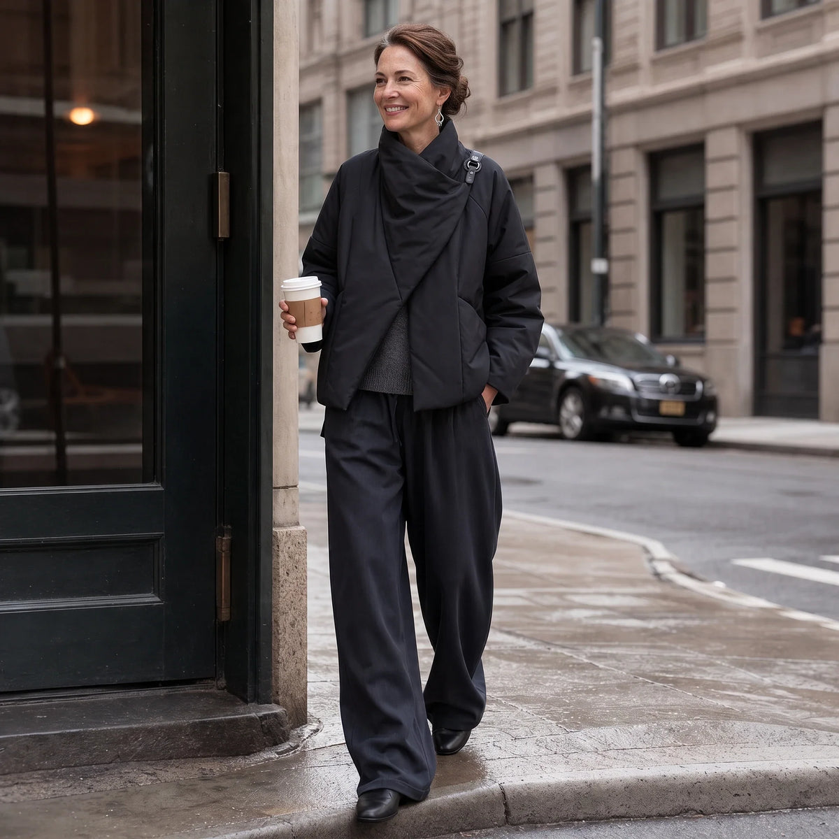 Women's Puffer Jacket | Asymmetric Draped Neck Quilted